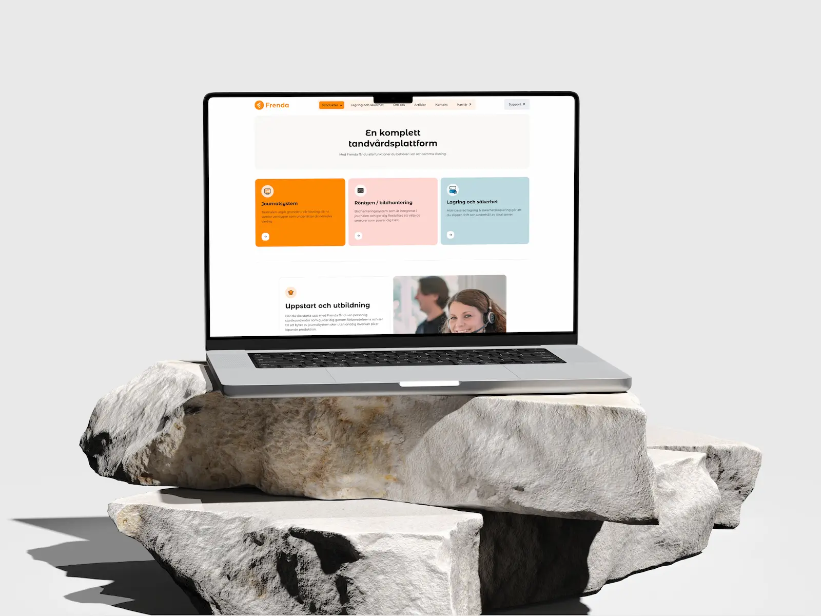 Modern webbdesign för Frenda med molnbaserad tandvårdsplattform och tydlig presentation av journalsystem
